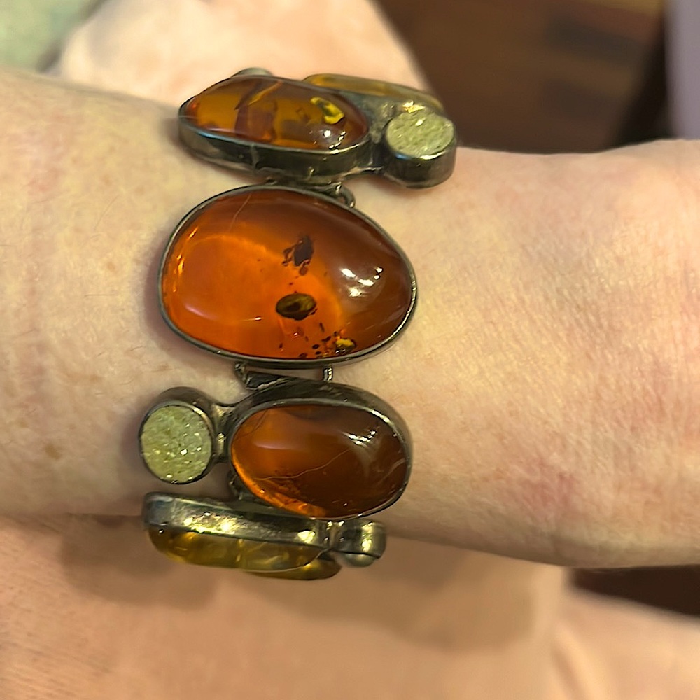 Starborn amber, druzy quartz, citrine (?stones?) toggle .925 silver bracelet